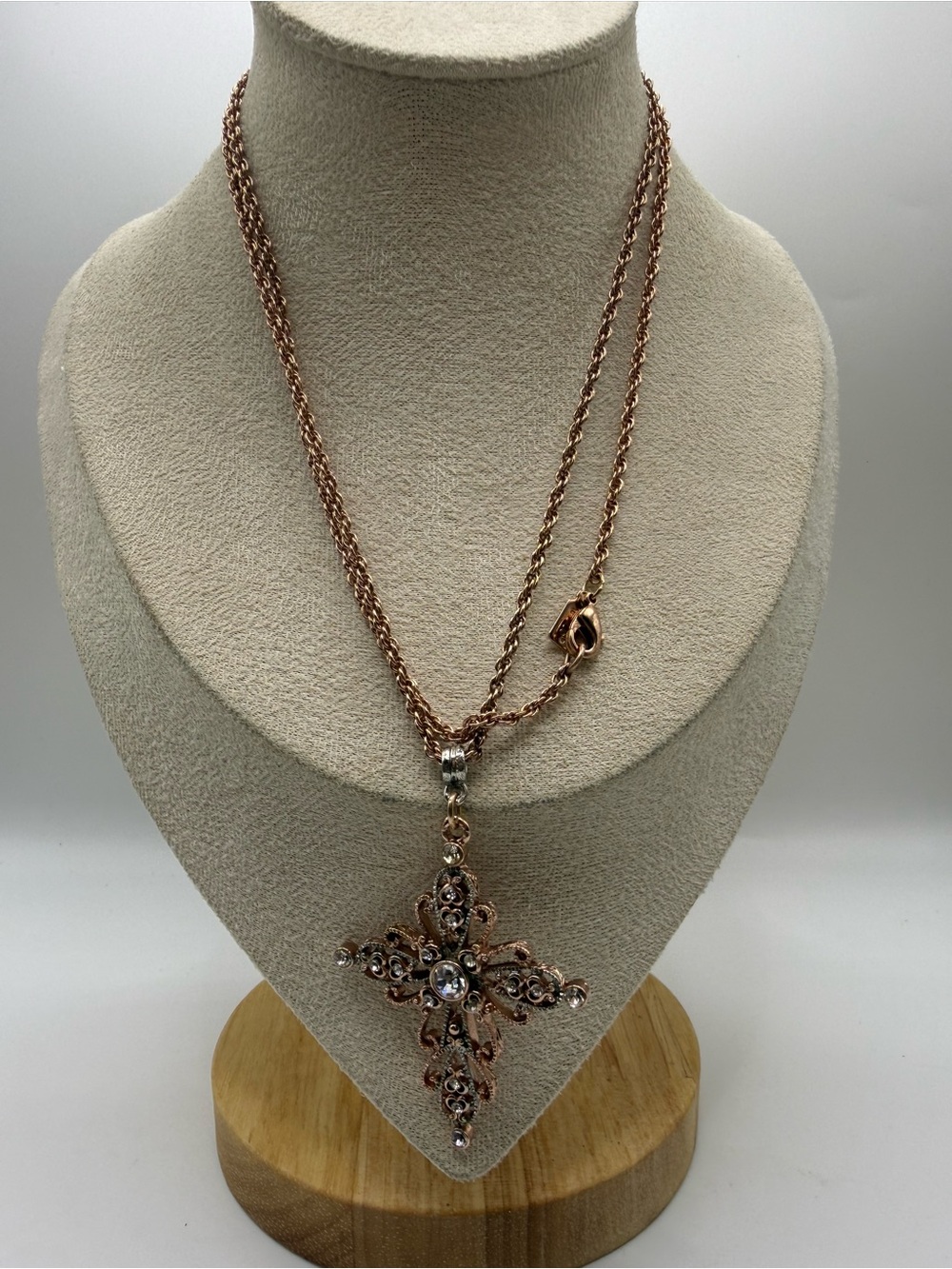 1928 Rose Gold Filigree Crystal Cross Pendant Necklace 30” Vintage Inspired